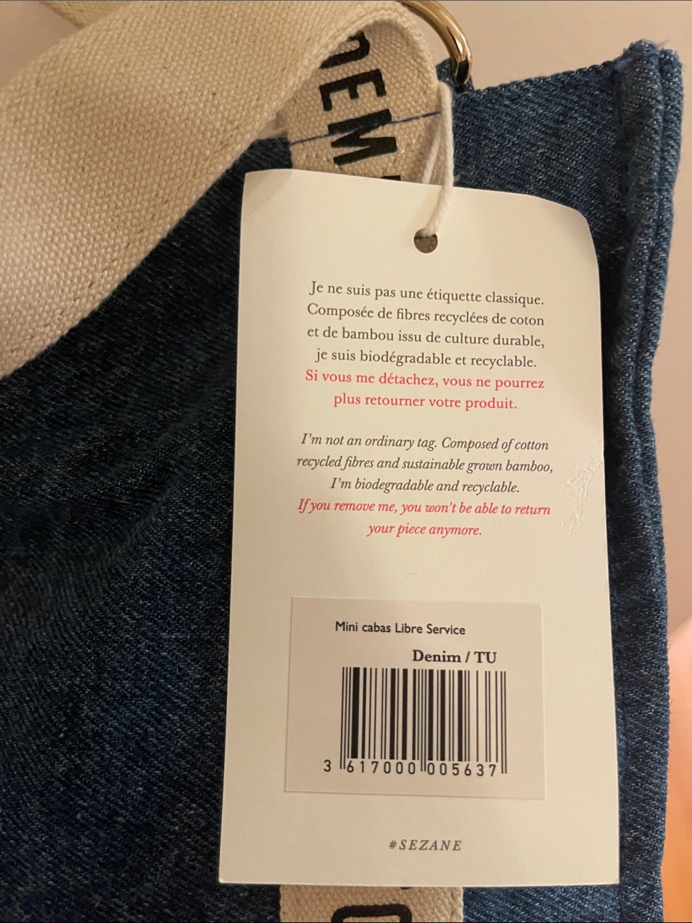NWT Sezane Blue Denim Mini Tote with Natural Canvas removable Straps - Picture 2 of 5